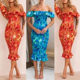 Casual Dresses 2023 Summer Fashion Off Shoulder Lace Tight Wrap Hip Fishtail Elegant Print Temperament Party Holiday Sexy Dress Vestidos