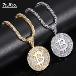 Bitcoin Iced Out Pendant Necklace With 4mm Zicron Tennis Chain Men Necklace Rhinestone Cuban Neck Chain for Men bijoux femme L230704