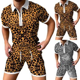 Men's Tracksuits Mens Sports Suit Leopard Print Tracksuit Short Sleeve Zipper Polo Shirt&Shorts Set For Men Streetwear 2 Piece 2023 Summer