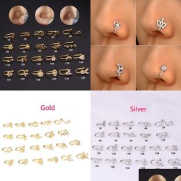 Nose Rings Studs Y Copper Fake Piercing Ring Heart Star Crown Clip On Ear Cuff Earring For Women Girl Gift Body Jewelry Drop Delive Dh7Eh