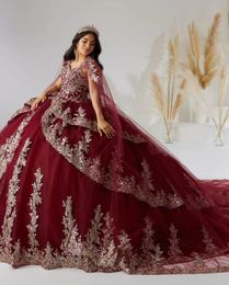 Burgundy and Gold Princess Quinceanera Dresses with Long Cape Metallic Lace Appliques Prom Sweet 15 vestido xv anos rojo