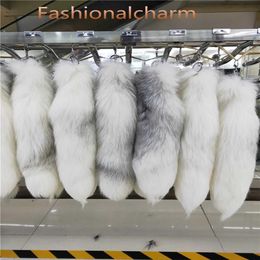 40cm 16 -Long 100% Real Genuine Cross Fox Fur Tail Keychians Plush Pom Poms Cosplay Toy Keyrings Car KeyChain Bag Charm Tasse276Z