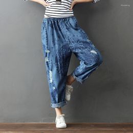 Women's Jeans Women Elastic Waist Pattern Bleached Pants Ladies Cross Ripped Loose Holes Denim Trousers Retro Vintage