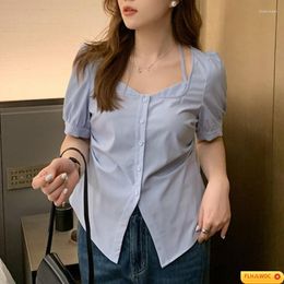 Women's Blouses Chic Korea Halter Tops Blusas Women 2023 Design Single-Breasted Solid Color Black Blue Basic Shirts