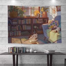 Tapestries Illustration Cute Cat Korean Style Background Cloth Cure Dormitory Bedside Tapestry Bedroom Room Background Wall Decoration
