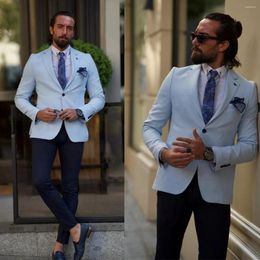 Men's Suits Men Suit Set High Quality Light Blue Classic Blazers Pants Coats Wedding Groom Elegant Jackets Homme Costume Custom Made 2023