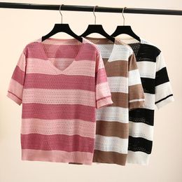 Women's T Shirts Korean Fashion Women Hollow Out T-Shirts Short Sleeve Striped V-Neck Summer Knitting Tees Loose Tops Clothing Roupa