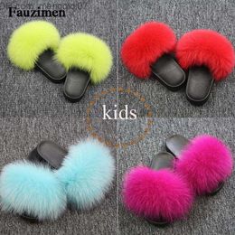 Slipper Real Fox Hair Slider Children's Fur Home Fur Fluffy Slider Winter Plush Fur Summer Apartment Sweet Baby Shoes Large Size 35 Pantufas Z230713