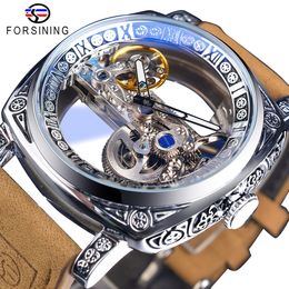 Forsining Fashion Square Transparent Retro Men's Automatic Mechanical Watch Silver Luminous Self-Wind Skeleton Design Belt Clock