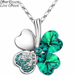 12 Color Fashion Austrian Crystal Four Leaf Leaves Clover Heart Rhinestones Necklace Pendant for Women White Gold Color Jewelry L230704