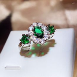 Cluster Rings 925 Stamp Green Shiny Zircon Ring For Women's Fashion Opening Adjustable Jewelry Bridal Engagement