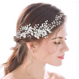 Headpieces Bridal Headdress Fashion Silver Alloy Leaves Pearls Crystal Beads Hair Chain Band Fine Handmade Jewelry Wedding Accessorie