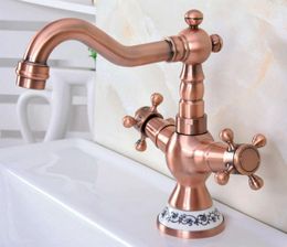 Bathroom Sink Faucets Antique Red Copper Basin Faucet Swivel Spout Kitchen Mixer Deck Mounted Dual Handle Taps Lnf615