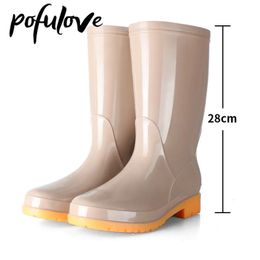 Rain Boots Pofulove Mid-tube Rain Shoes Women's Plush Warm and Non-slip All-season Solid Round Head Low Heel Rubber Boots Drop Shopping 230713