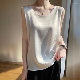 Women's Tanks T-shirt Summer Jacquard Letter Tank Top O-Neck Loose Inner Layup Fashion Silk Satin Face Sling Clothing