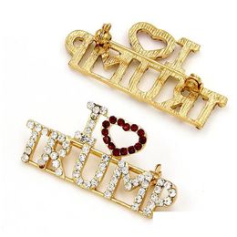 Pins Brooches Fashion I Love Trump Rhinestones Brooch Pins For Women Glitter Crystal Letters Coat Dress Jewellery Drop Delivery Dhvhx