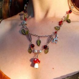 Amanita cottage core beaded fairy necklace mushroom Drop Chain initial fashion necklaces 2022 woman y2k L230704