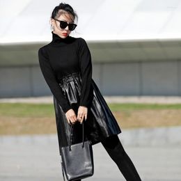 Casual Dresses Stretchy Women Knitted Patchwork Sheepskin Genuine Leather Dress Short Turtleneck Long Sleeve Elastic Waist Ladies