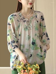 Women's Blouses Summer Bowtie Neck Tops Womens Fashion Printed Elegant Cotton Linen Shirts Female Loose Floral Vintage Clothes Pullover