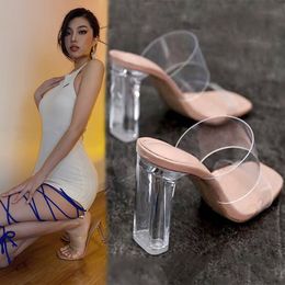 Dress Shoes Summer Women Pumps 9cm Sexy Sandals Jelly Slippers Open Square Toe High Heels Transparent Sandals 230713