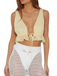 Women's Tanks Mioliknya Women Summer Tank Tops Sleeveless Tie-up Open Front Ruched Crop (Yellow M)