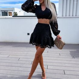 Work Dresses V Neck Lace Hollow Out Solid Colour Waist-exposed High Waist Long Sleeves See-through Ruffle Hem Soft Women Top Skirt Set
