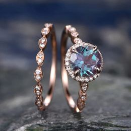 Huitan Temperament 2Pcs Set Rose Gold Color Wedding Rings for Women Fancy Thin Band Blue Cubic Zirconia Elegant Lady's Jewelry
