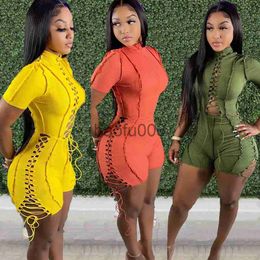 Women's Two Piece Pants Echoine Short Sleeve Bandage Lace Up Playsuit Skinny Bodycon Hollow Out Sexy Bodysuit Rompers Party Clubwear Outfits Summer Hot J230713