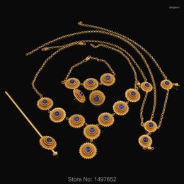 Necklace Earrings Set Ethiopian 6pcs Jewelry Gold Filled Colorful Stone African Bridal Sets Fashion