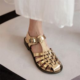 Sandals Retro Handmade Genuine Leather Flat Knitted Women Fashion For Woman 2023 Summer Hollow Roman Style Shoes Big Size 43