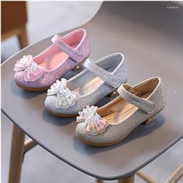 Flat Shoes 2023 Spring Girls Leather Flowers Bowknot Crystal Princess Female Children Kids Banquet Performance High Heel