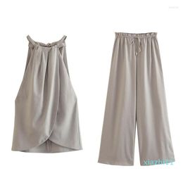 Women's Two Piece Pants Summer Fashion All-match Slit Hanging Neck Short Pullover