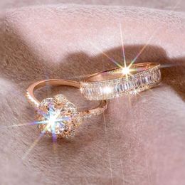 Wedding Rings Luxury Female Silver Colour Crystal Zircon Ring Set Vintage Rose Gold For Women Flower Bridal Engagement