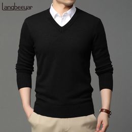 Men s Sweaters 2023 High Quality Fashion Brand Woollen Knit Pullover V Neck Sweater Black For Men Autum Winter Casual Jumper Clothes 230713