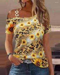 Women's T Shirts Sunflower Leopard Print Cold Shoulder T-shirt Women Summer Y2K Fashion Casual Tops Shirt