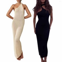 Women's Swimwear Women Beach Long Bodycon Dress Solid Colour See-Through Halter Neck One Shoulder Sleeveless Summer Backless Skinny