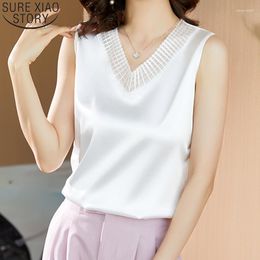 Women's Blouses Casual 5XL Sleeveless Lace V Neck Shirt Summer Satin Blouse Women Loose Solid Clothing Fashion Tops Blusas 13734