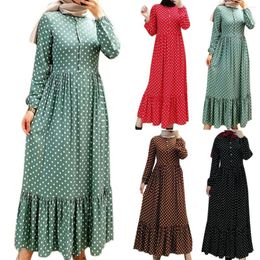 Ethnic Clothing Round Neck Maxi Dress Buttons Placket Classic Polka-dot Ruffled Pleated High Waist Islamic Dresses Abayas For Women Dubai