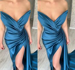 Arabic Dubai Sheath Prom Dresses Long for Women Backless Sweetheart Satin Draped High Side Split Formal Occasion Evening Pageant Birthday Party Gowns