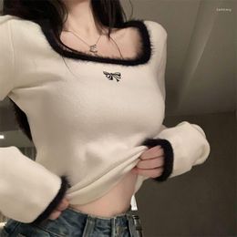 Women's T Shirts Y2k Clothes Square Collar White Undercoat Autumn/Winter Soft Long Sleeve Slim Fit Top Korean Fashion Crop Women