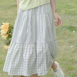Skirts Skirt Womens Medium Long Elastic Waist A-line Vintage Plaid Female Summer Streetwear Fashion 2023 WD202