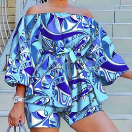 Women's Two Piece Pants Abstract Print Off Shoulder Belted Top Shorts Set Women Two Piece Set Summer Print Shorts Set Matching Sets Ruffle Maxi 2023 J230713