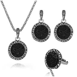 Earrings Necklace Vintage Black Gem Earring Ring Jewellery Set Fashion Women Antique Sier Crystal Round Stone Pendant Gifts 1Setis4P Dhkaz