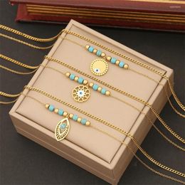 Chains 316L Stainless Steel 2 Layer Round Card Water Drop Imitate Turquoise Pendant Clavicular Chain Ladies Necklace Fashion Jewellery