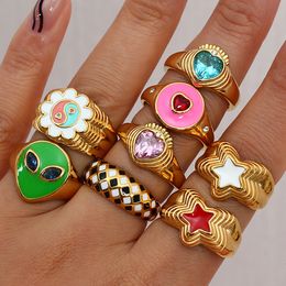 Wedding Rings Water Resistant Stainless Steel Ring Flower Yingyang Grid Heart Star Alien Colourful Enamel Stone For Womem Gold 230712