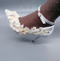 Dress Shoes Sexy Thin High Heels Champagne Flower Wedding Bride Ankle Buckle Straps Crystal Stones Bridal Pumps Shoe White