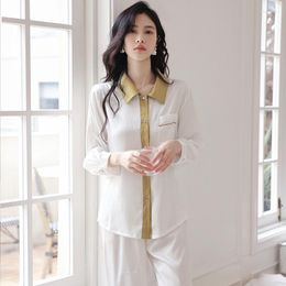 Women's Sleepwear Spring 2PCS Pyjamas Satin Sleep Set Womens Lapel Shirt&Pants PJS Suit Long Sleeve Elastic Waist Intimate Lingerie