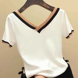 Women's T-Shirt V-neck short sleeved women's contrasting striped knit 2023 summer top Korean clothing elegant Camisetas 13362 G220612