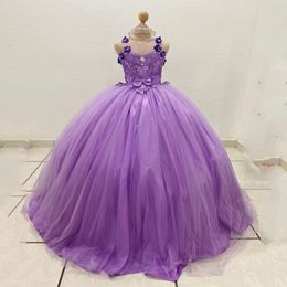 Lavender Cute Children Applique Beading Bow Princess Dress Beauty Pageant Gowns Puffy Flowers Girl Birthday Dress Photography