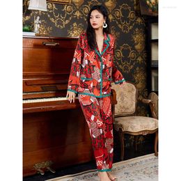 Women's Sleepwear Spring And Autumn Red Sexy Pajamas For Women Coffee Two-piece Set Long Sleeve